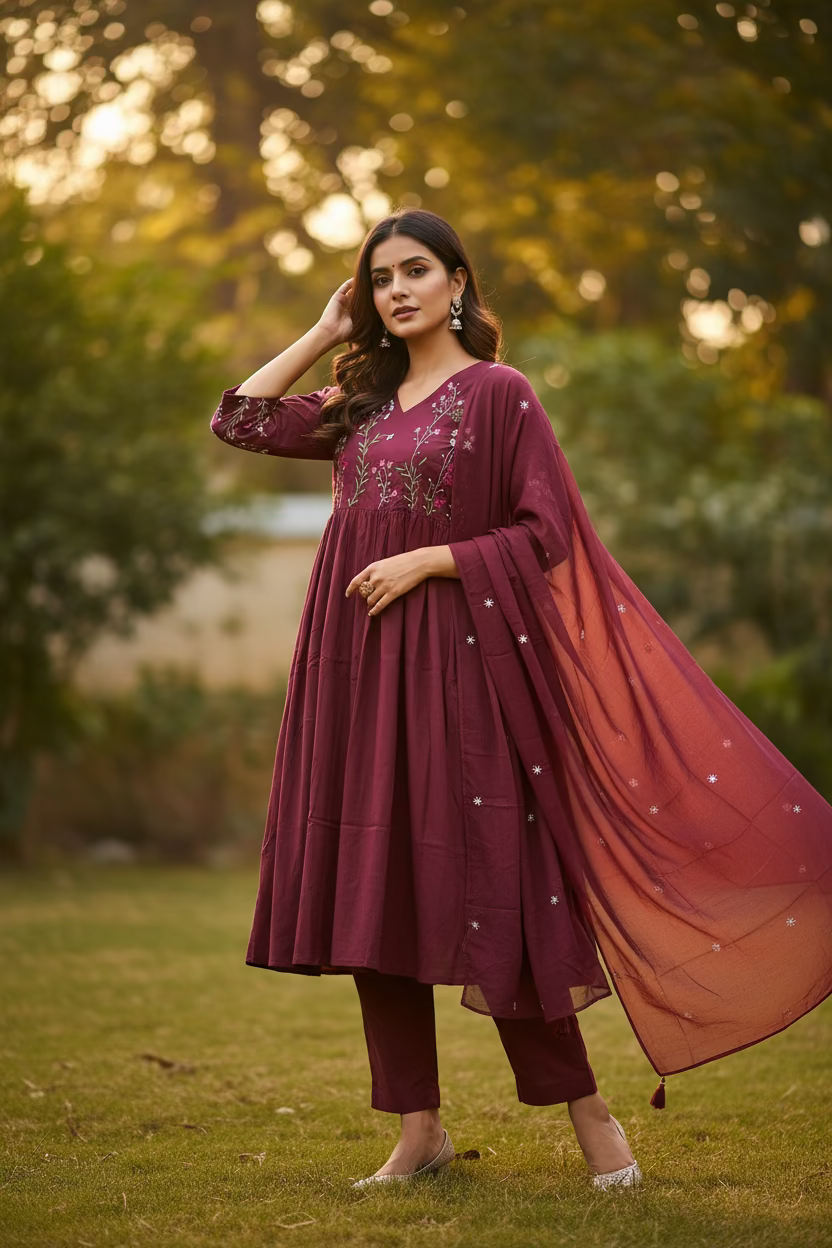 maroon cotton embroidered anarkali suit