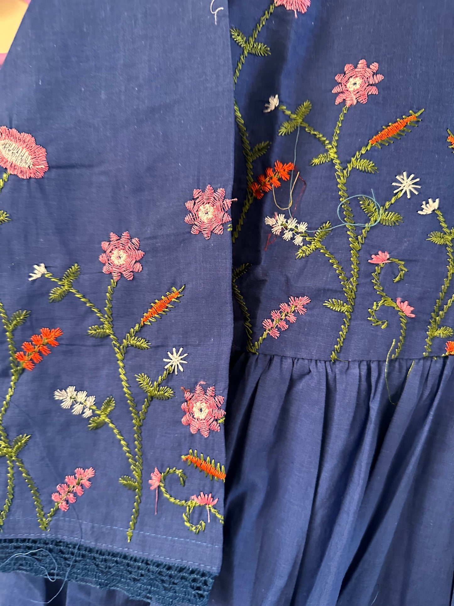 Blue Embroidered cotton Anarkali suit
