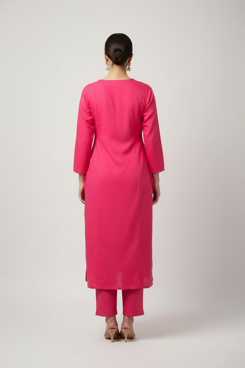 Pink  Embroidered Straight Cotton Suit