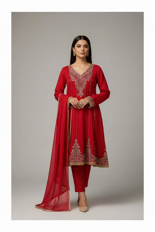 Red Embroidered Anarkali  suit
