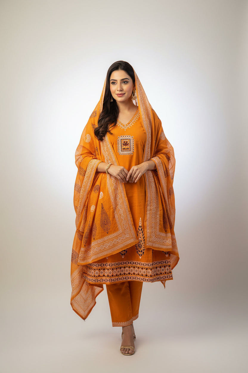 Yellow cotton printed Anarkali suit