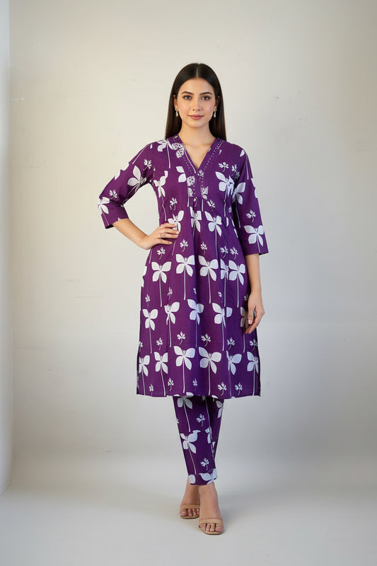 Purple floral printed cotton A line kurti with pant