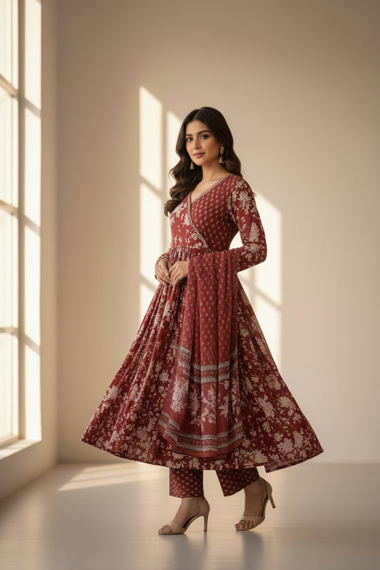 Rust printed Cotton Anarkali Suit