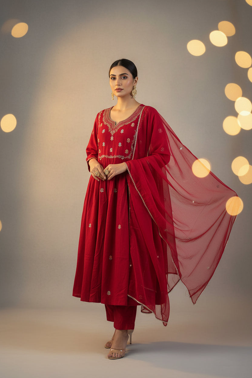 Red. Embroidered cotton Anarkali suit 