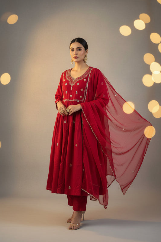 Red. Embroidered cotton Anarkali suit 