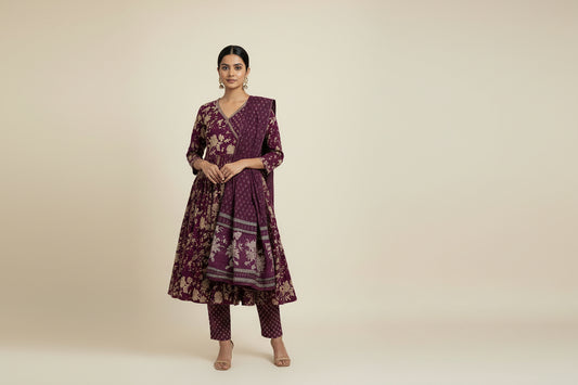 Purple printed cotton Anarkali suit 