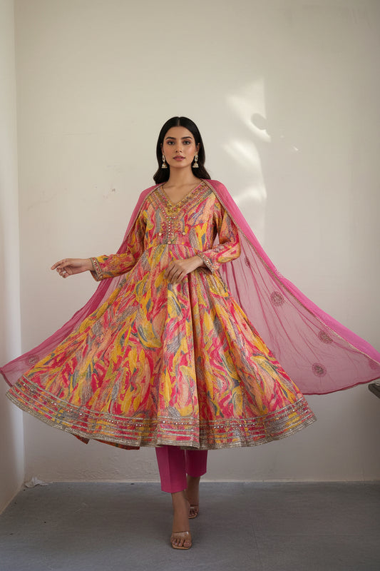 Multicolor crepe Anarkali suit