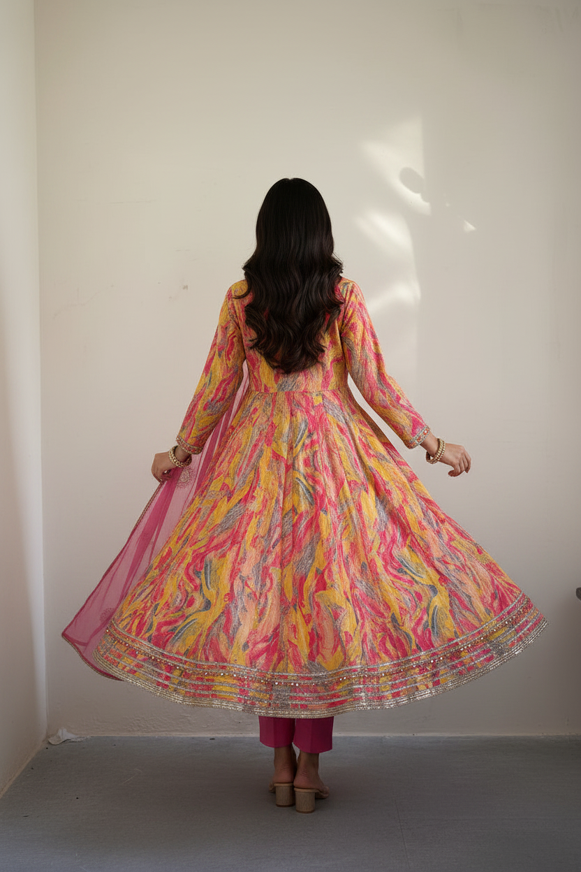 Multicolor Crepe Anarkali Suit