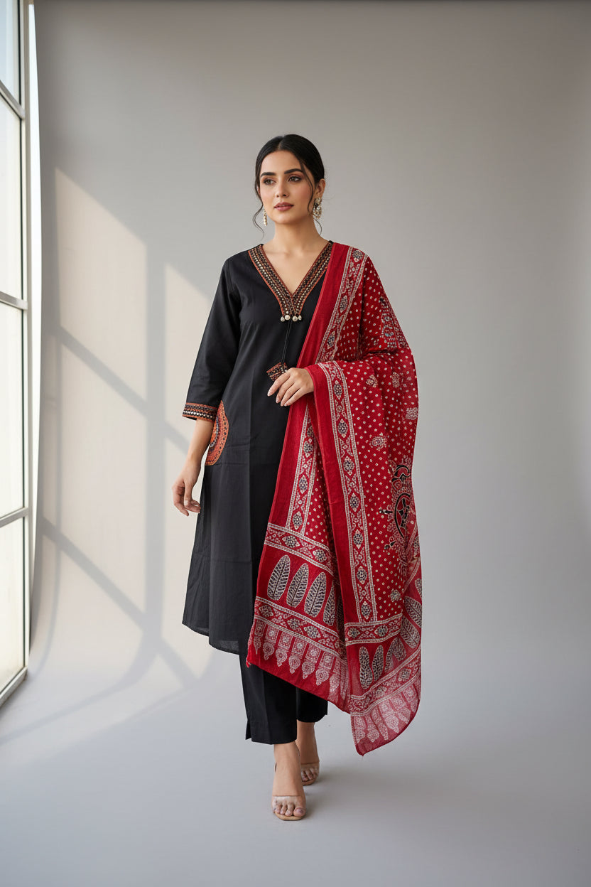 Black  Cotton embroidered Anarkali suit 