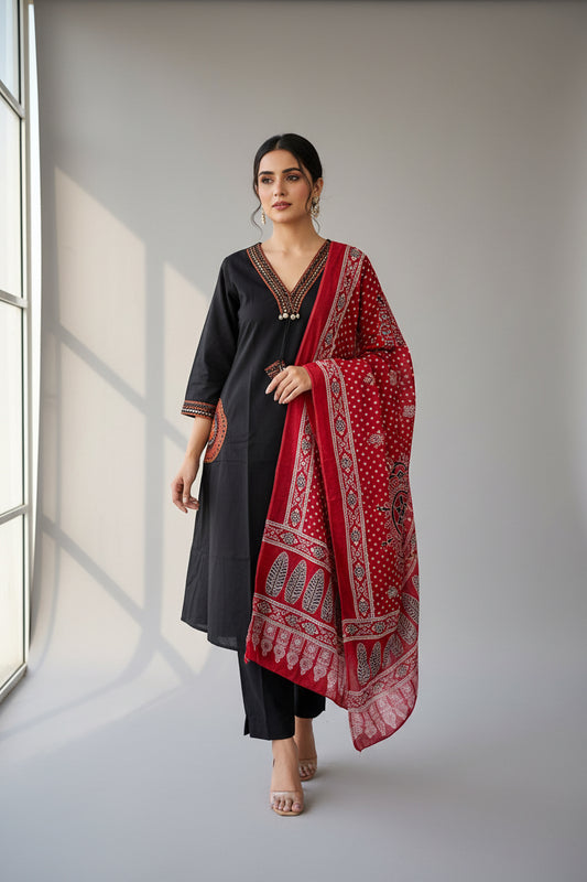 Black  Cotton embroidered Anarkali suit 