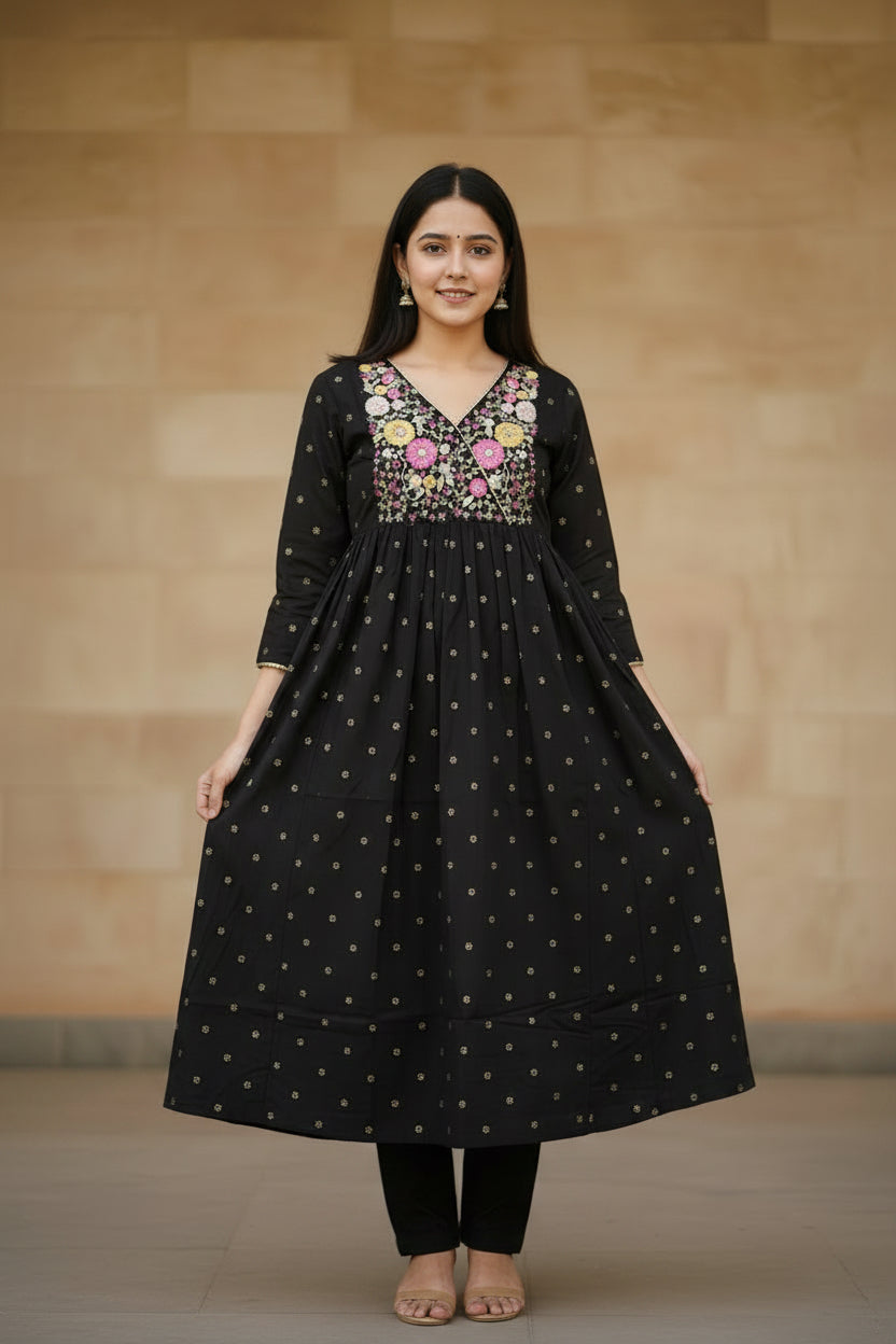 Black cotton Anarkali kurti with pant