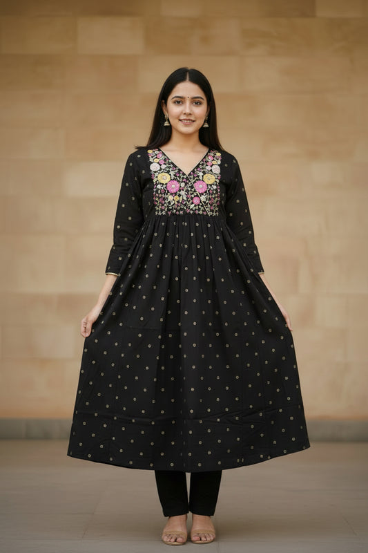 Black cotton Anarkali kurti with pant