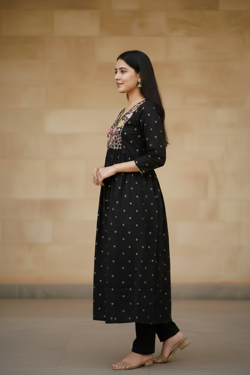 Black cotton Anarkali kurti with pant