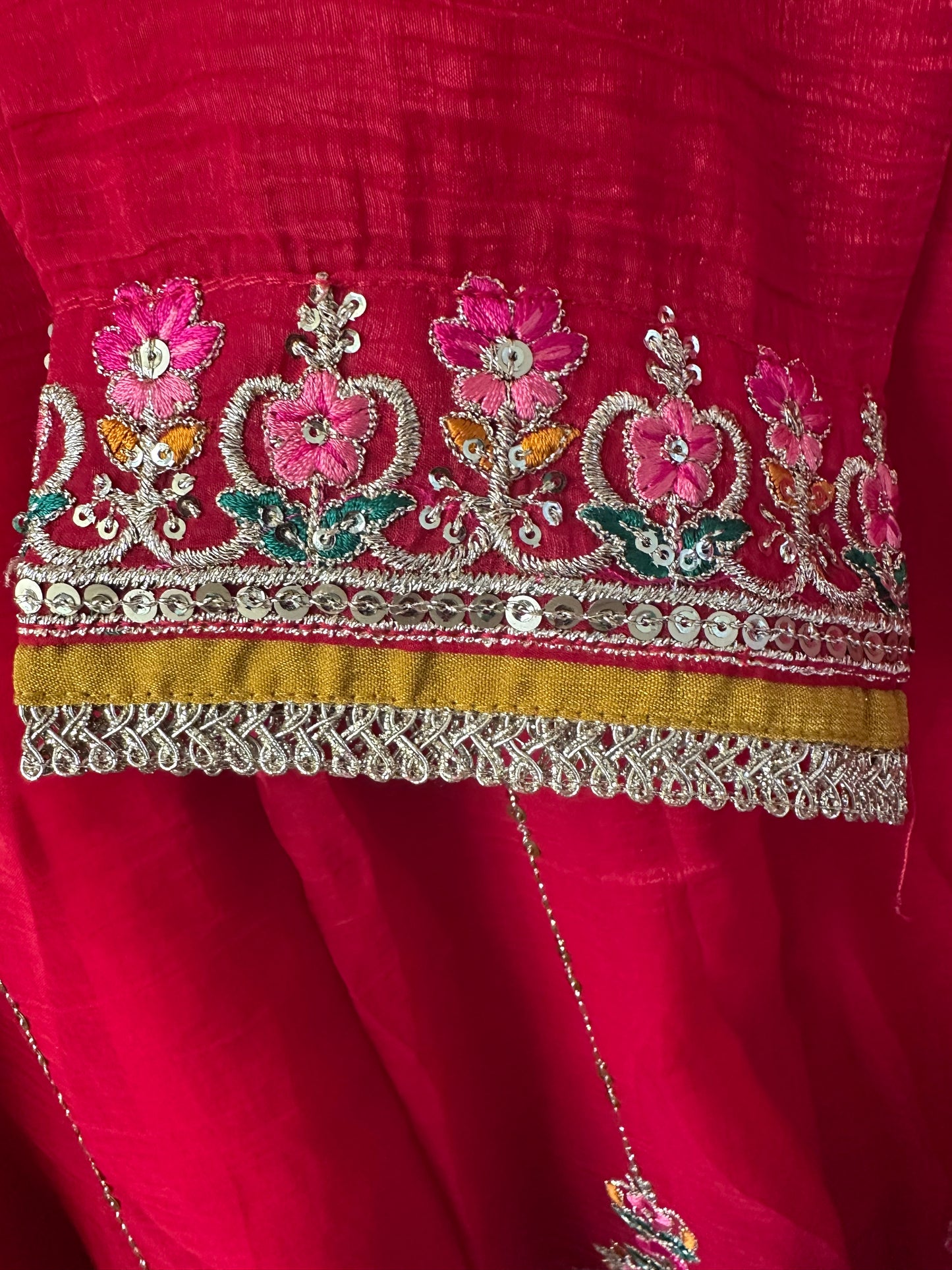 RED HEAVY EMBROIDERED SHIMMER ANARKALI SUIT