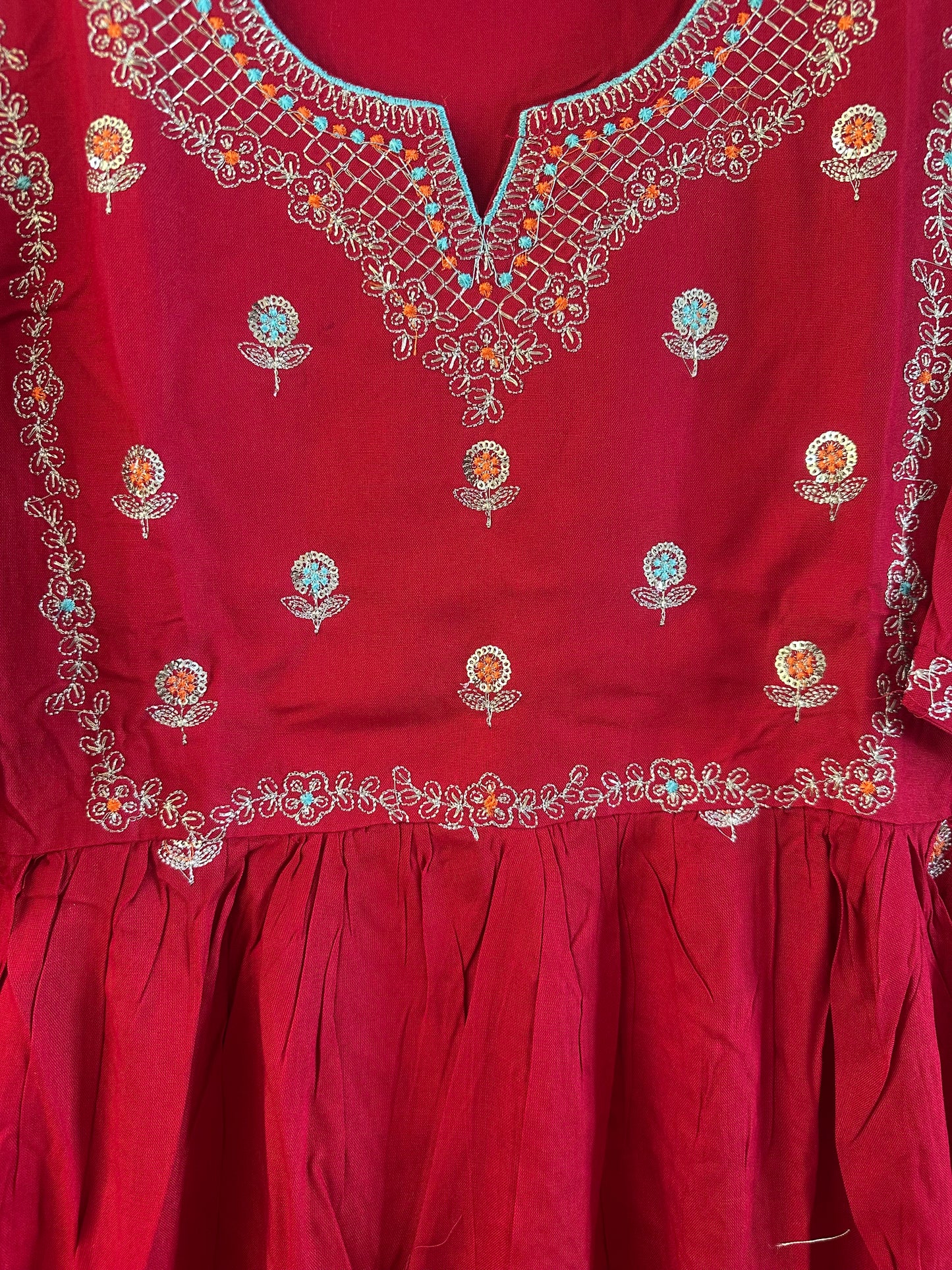 Red Embroidered Cotton Anarkali suit