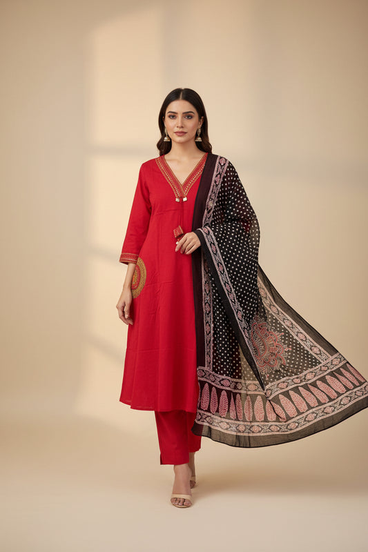 Red Cotton Anarkali suit with embroidery 