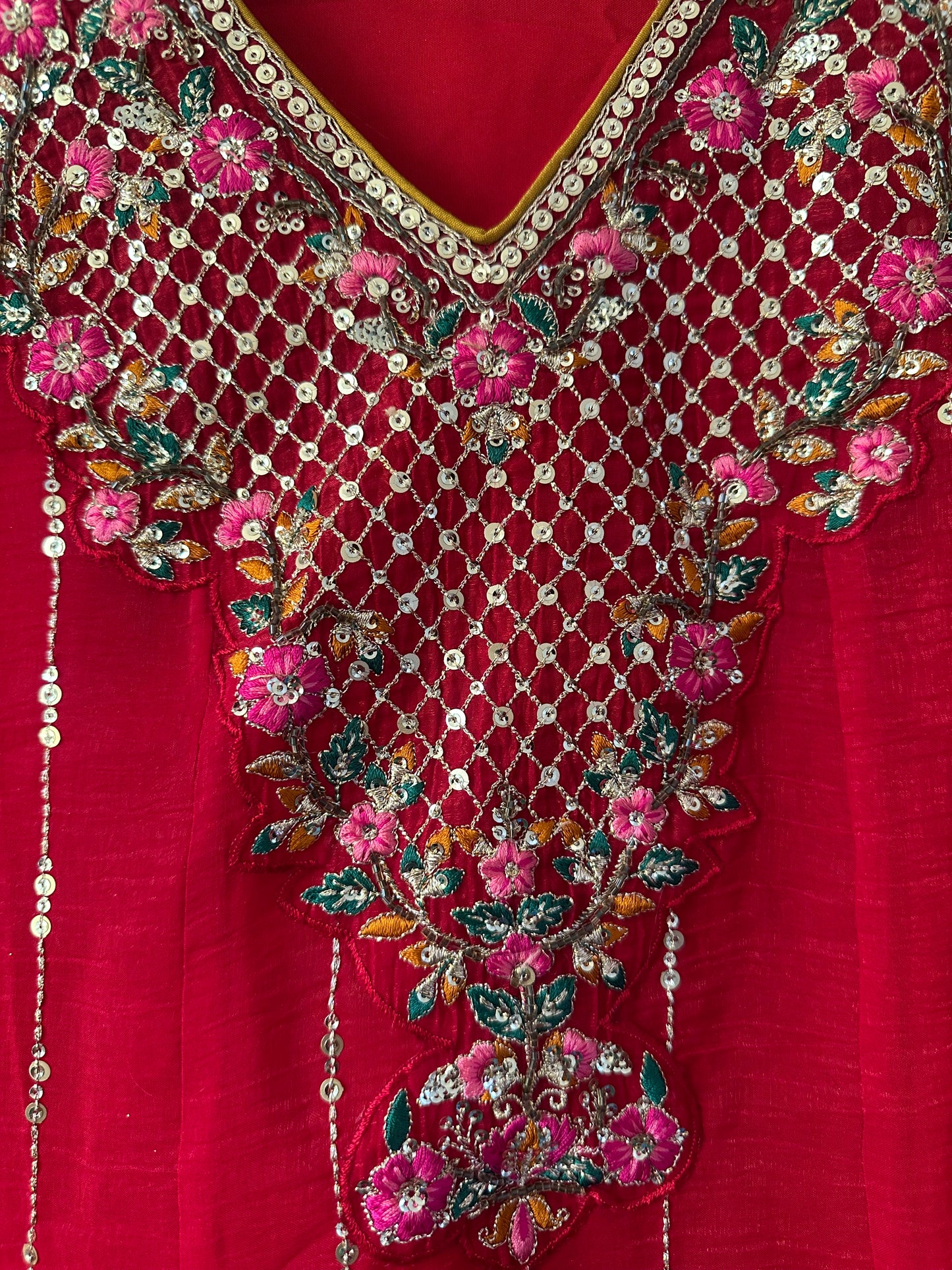 RED HEAVY EMBROIDERED SHIMMER ANARKALI SUIT
