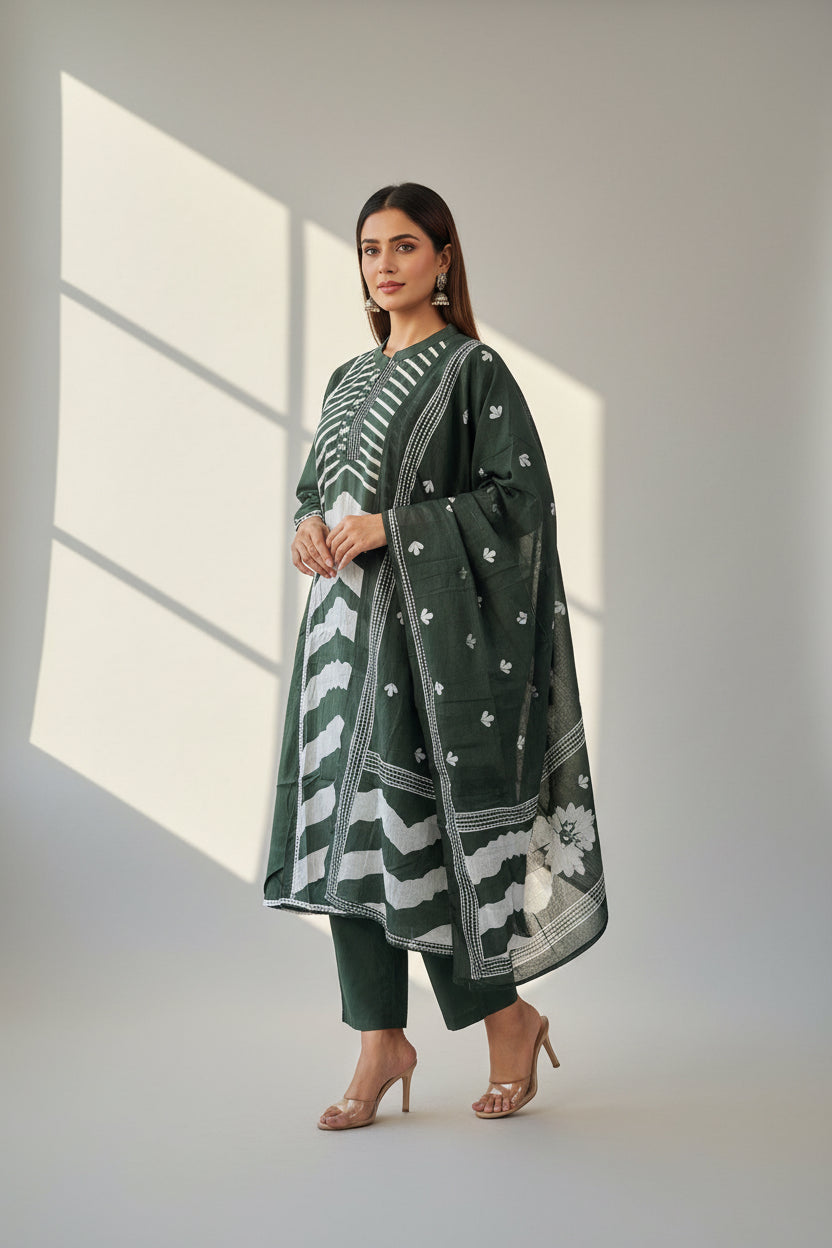 Green printed cotton  A line suit