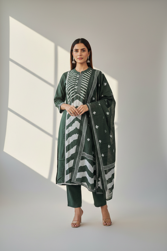 Green printed cotton A-line suit