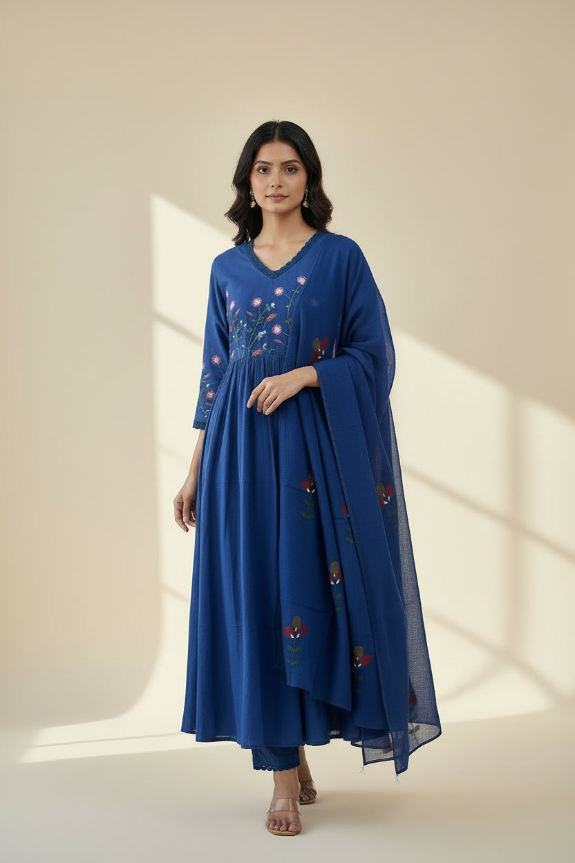 Blue color cotton Anarkali suit