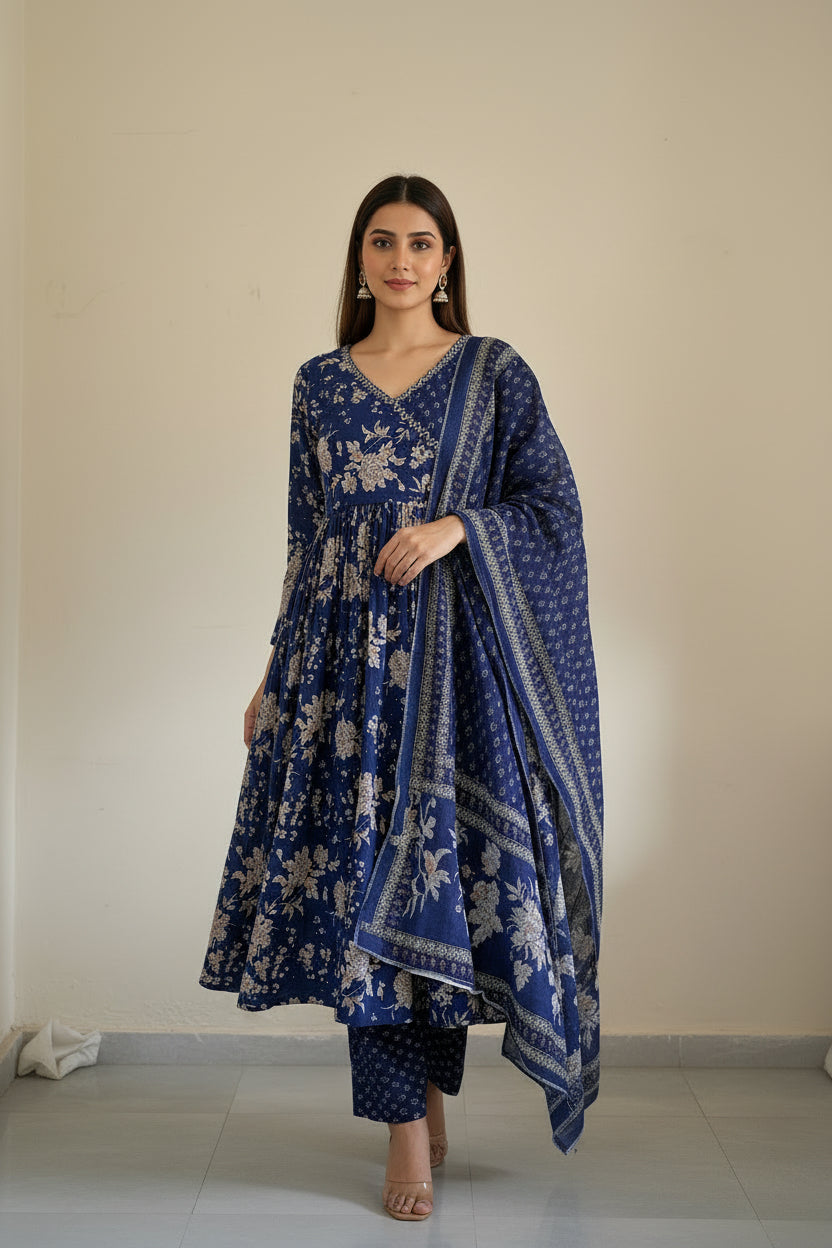 Blue floral patterned printed cotton Anarkali suit
