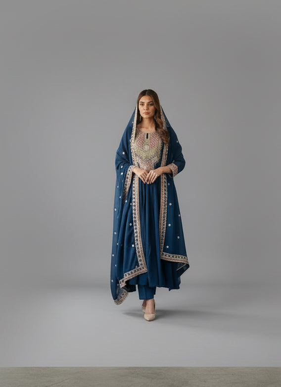 Blue embroidered Anarkali for festive occasions 