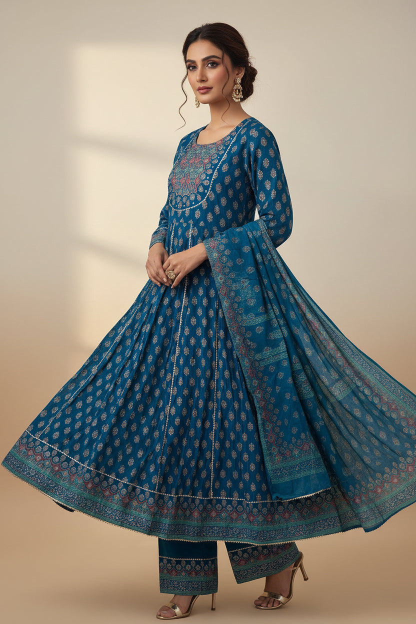 Blue printed crepe Anarkali suit