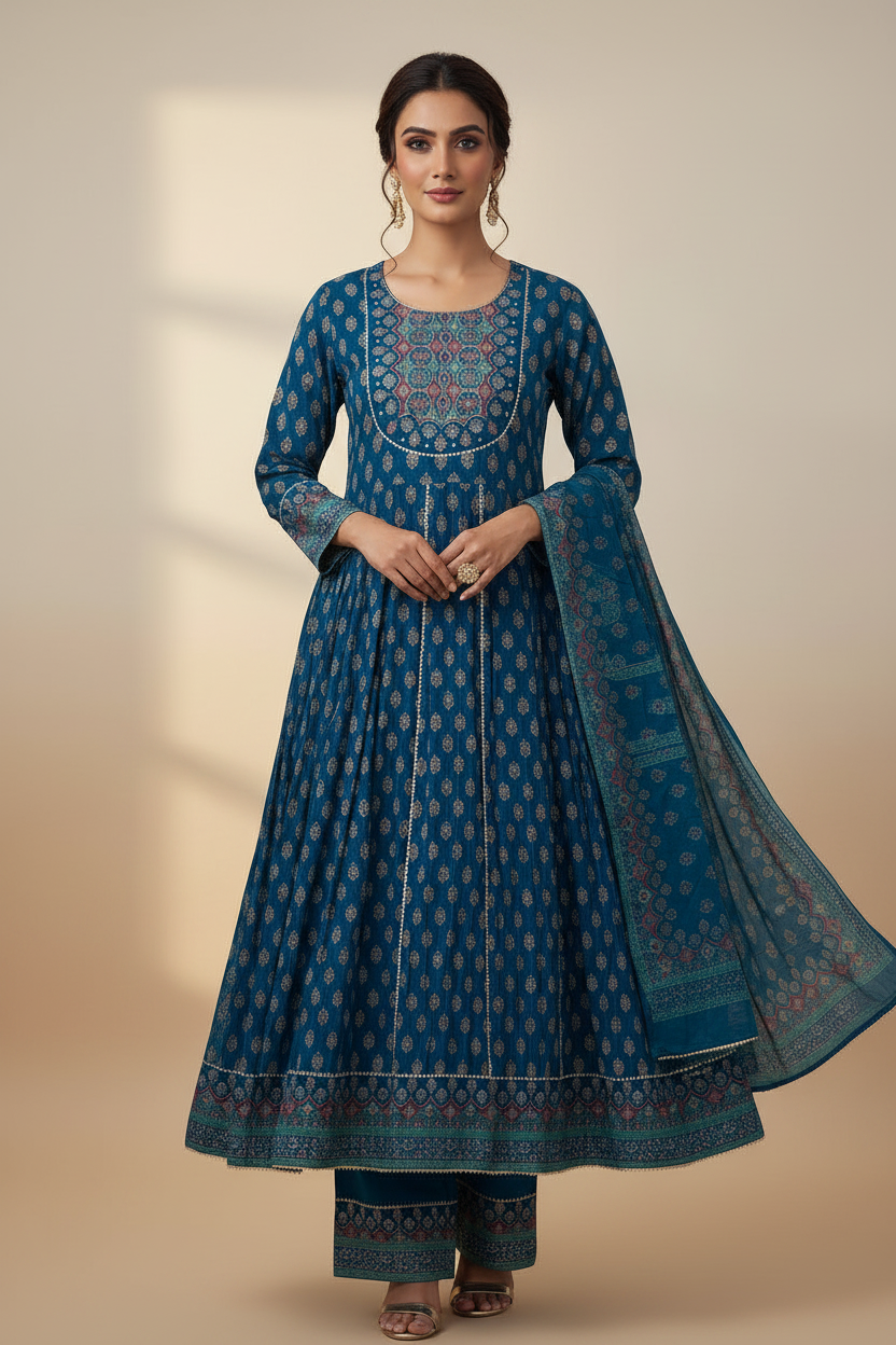 Blue printed crepe Anarkali suit