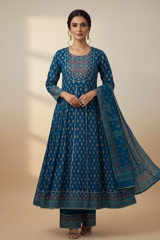 Blue printed crepe Anarkali suit