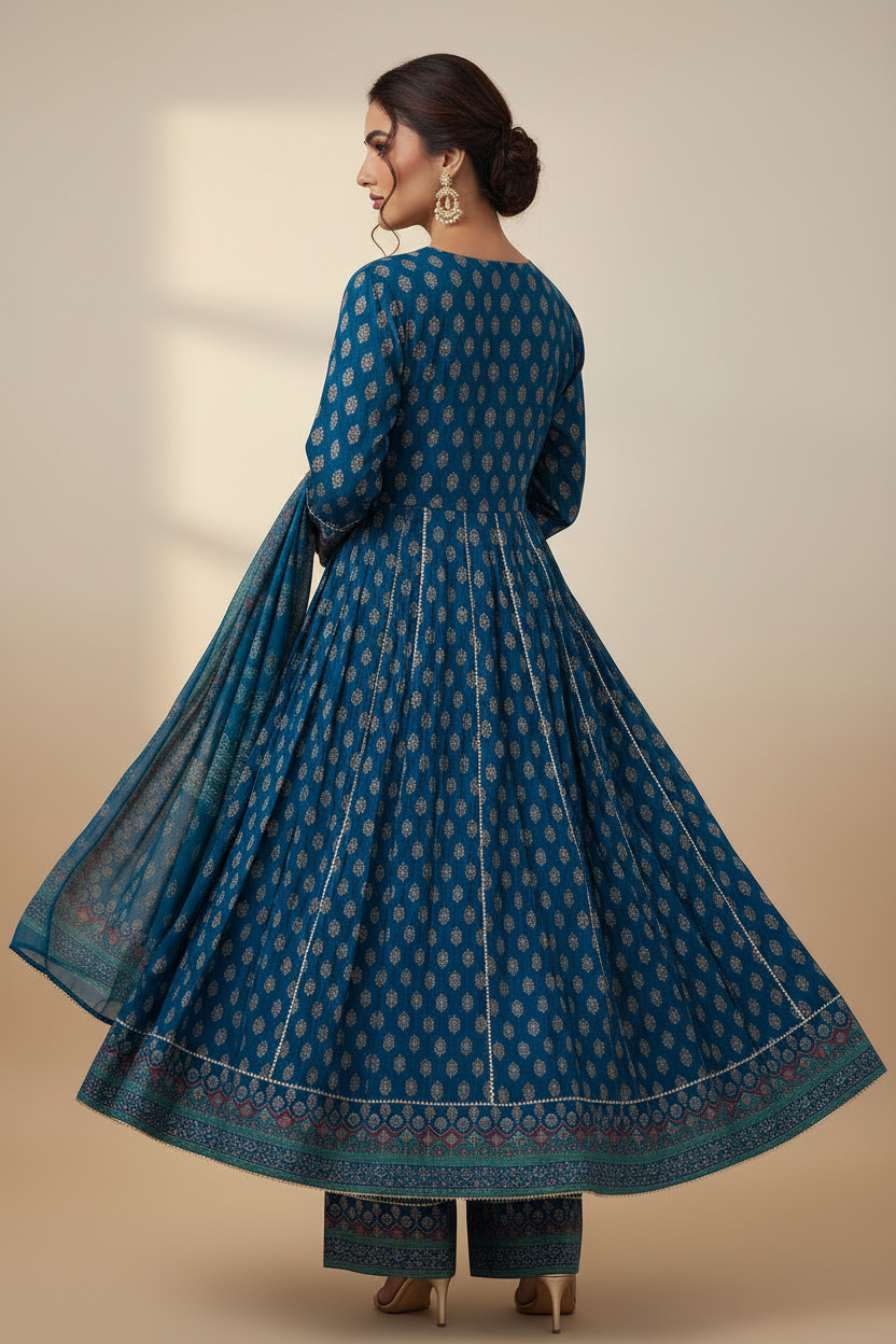Blue printed crepe Anarkali suit