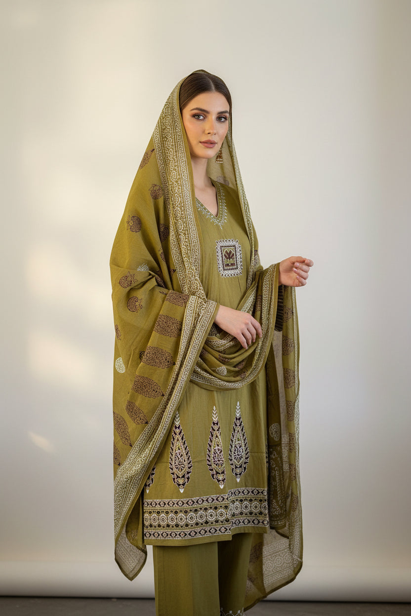 Green printed cotton Anarkali suit