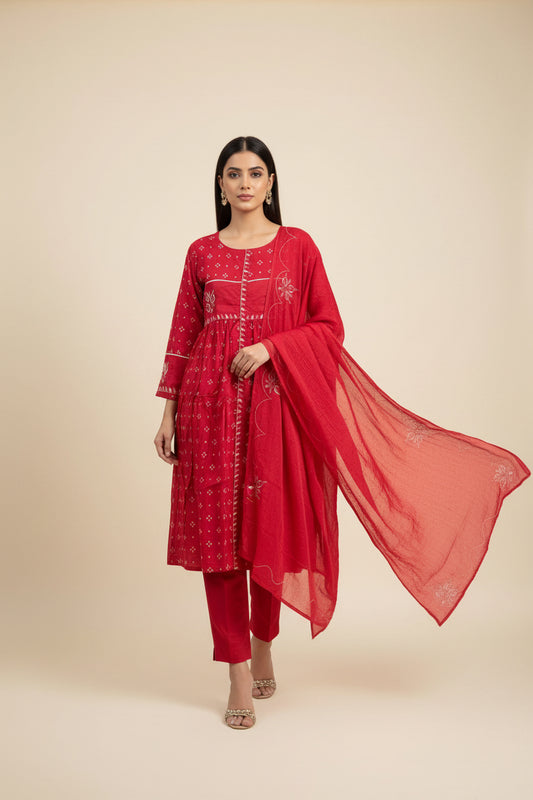 Red cotton Anarkali suit 