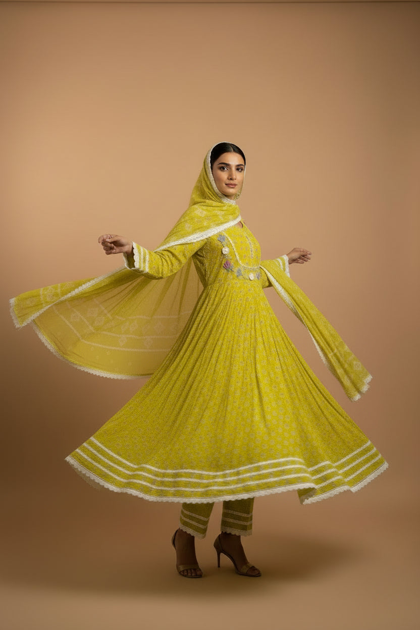 Green crepe Anarkali suit 