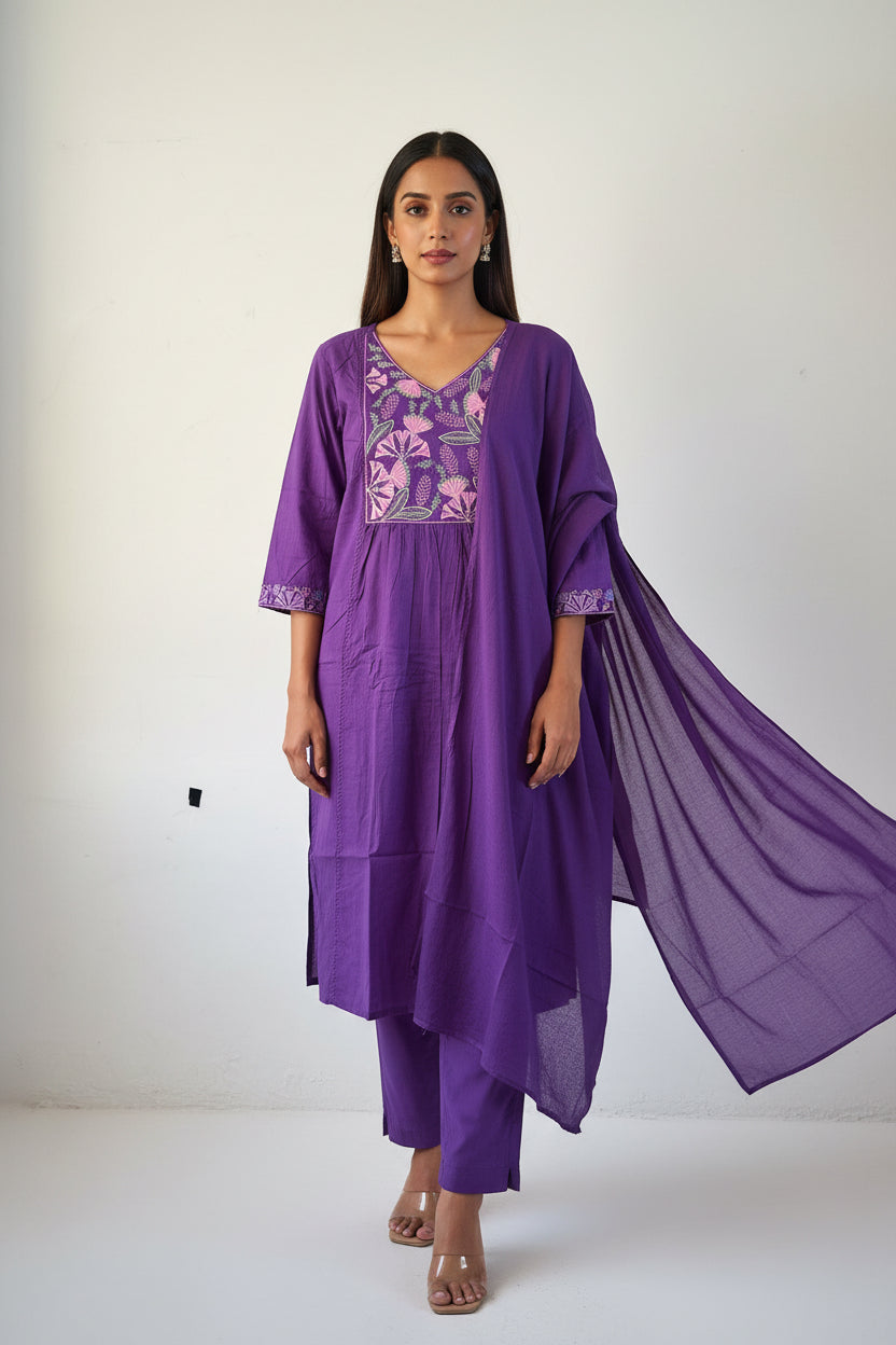 Violet straight embroidered cotton suit