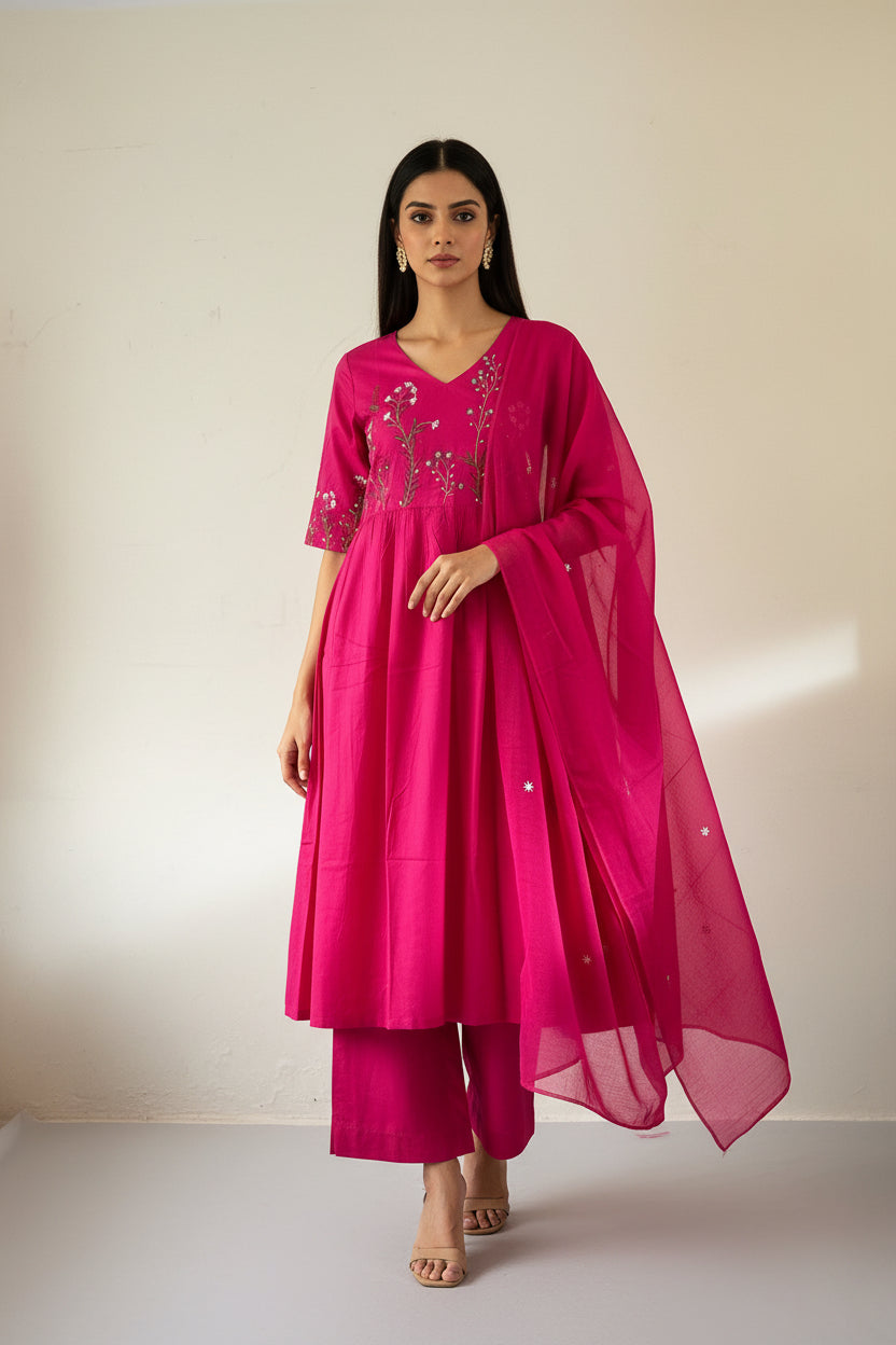 Pink cotton Anarkali suit
