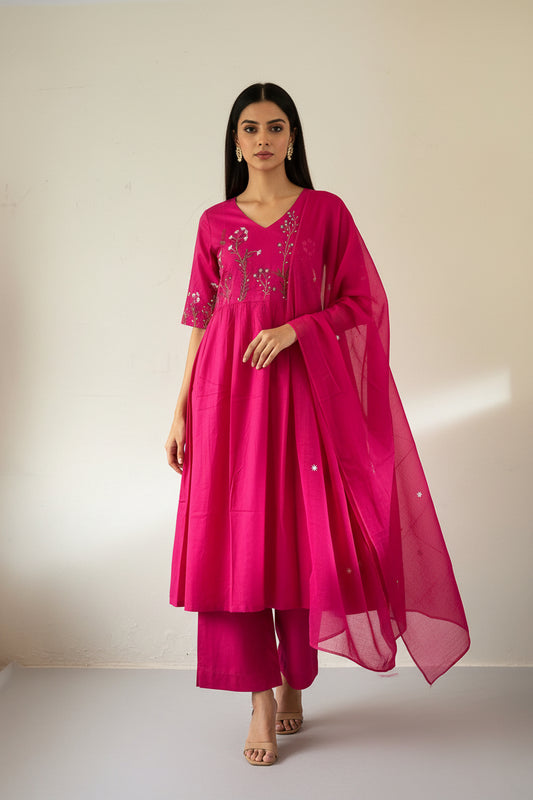 Pink cotton Anarkali suit