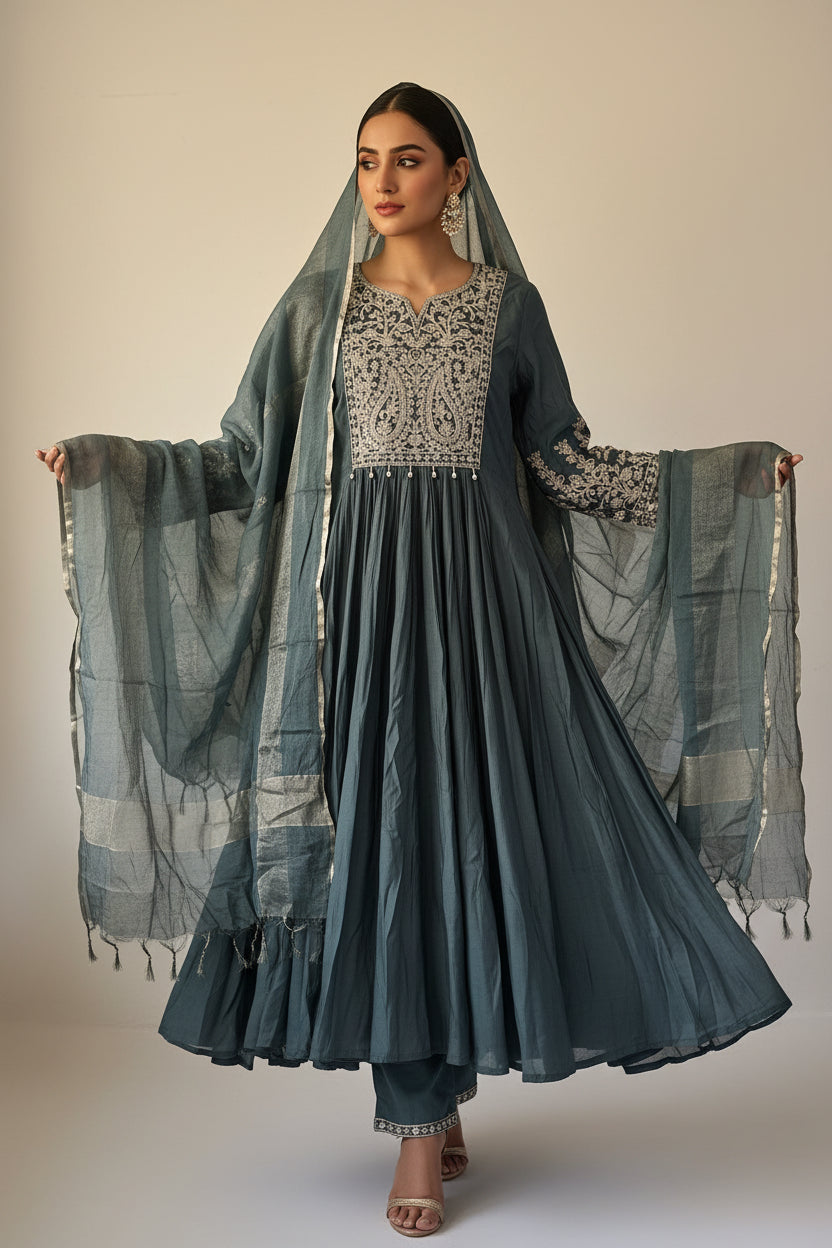 Grey Heavy embroidered Anarkali suit 