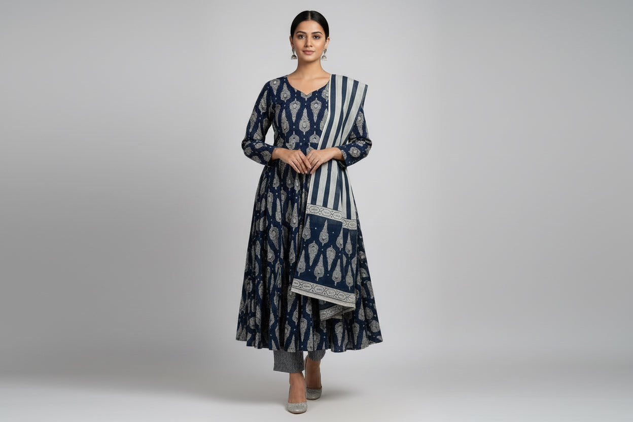 Blue printed cotton Anarkali suit