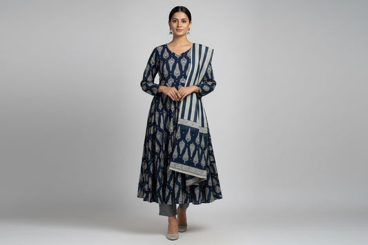 Blue printed cotton Anarkali suit