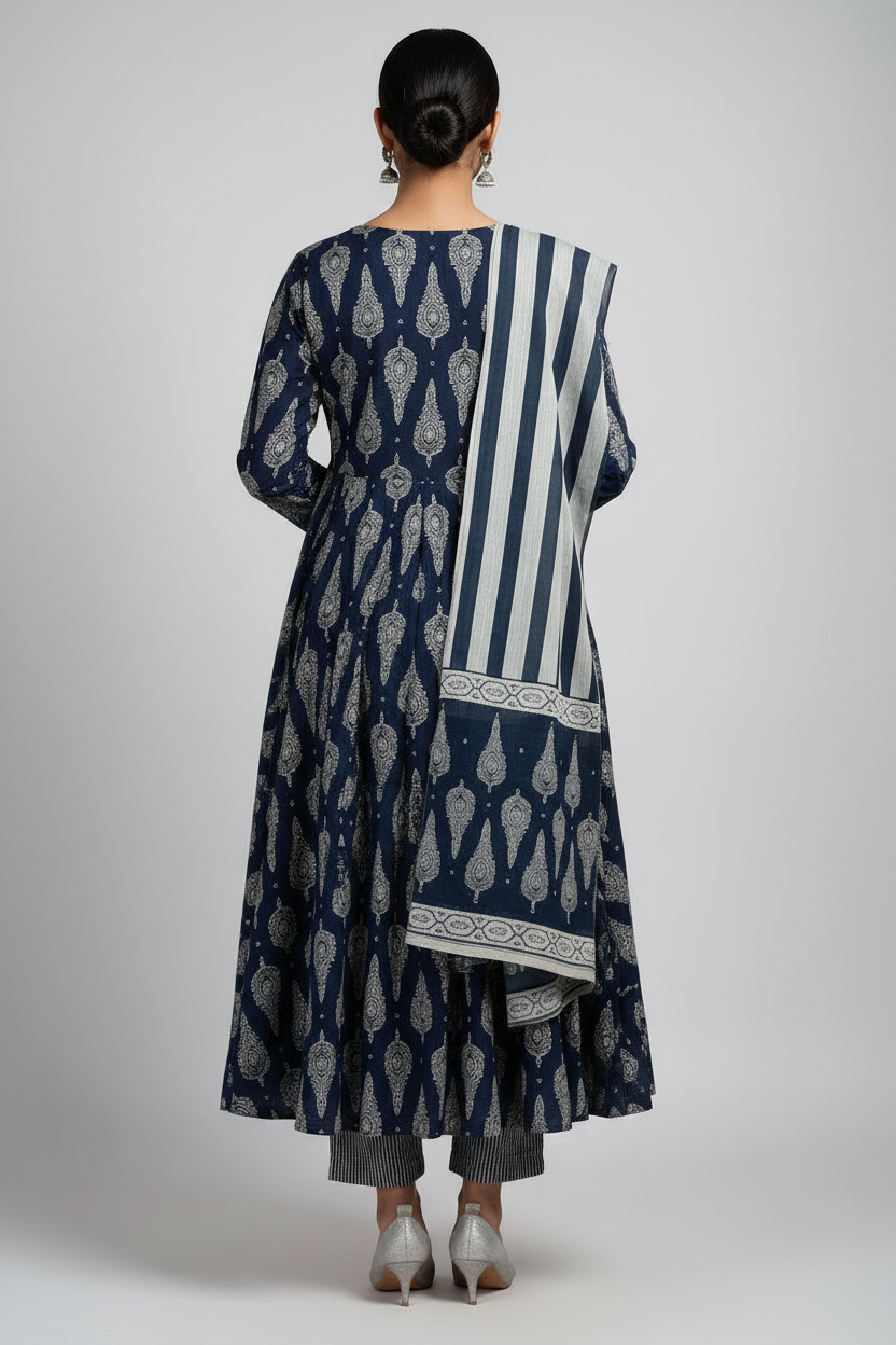 Blue printed cotton Anarkali suit