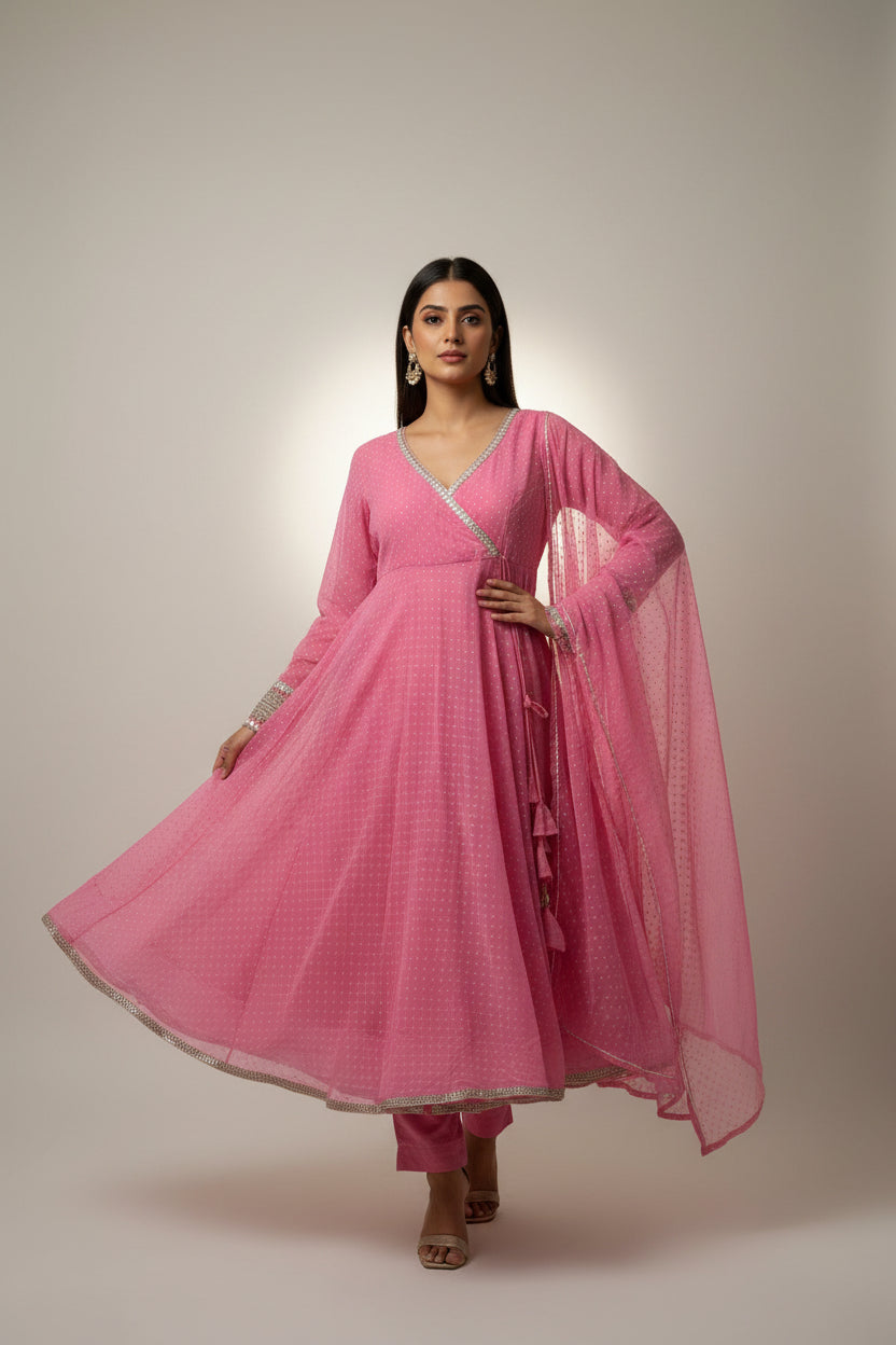 Pink georgette Anarkali suit for festive occasions