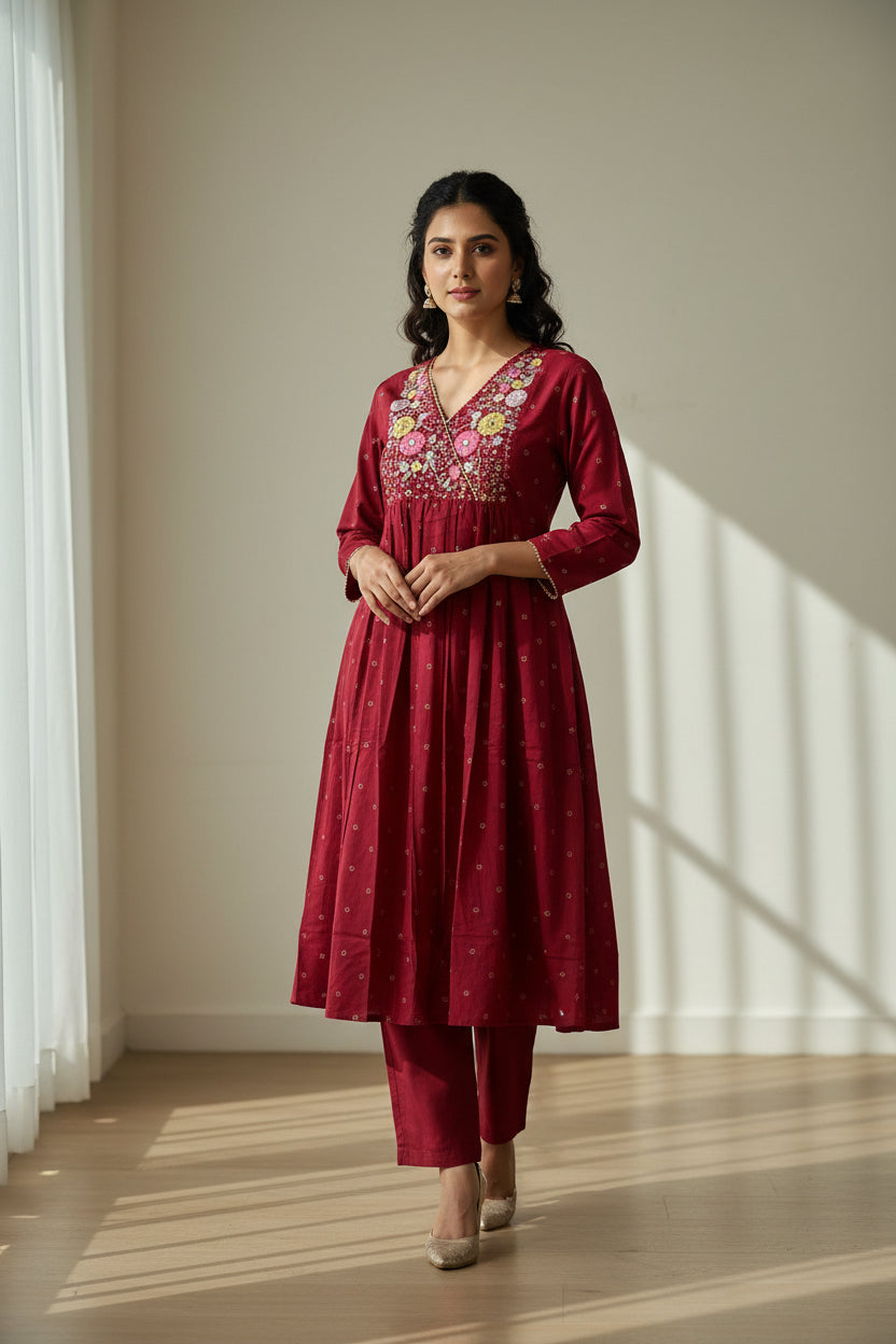 Red Anarkali kurti with pant