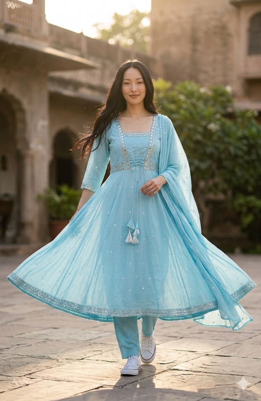 Light Blue Crepe Anarkali Suit