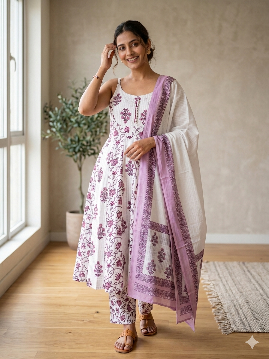 WHITE FLORAL PRINTED SLEEVELESS COTTON ANARKALI SUIT