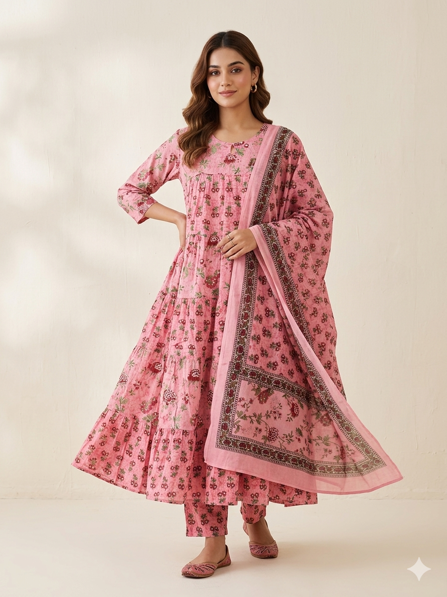 PINK PRINTED COTTON ANARKALI SUIT