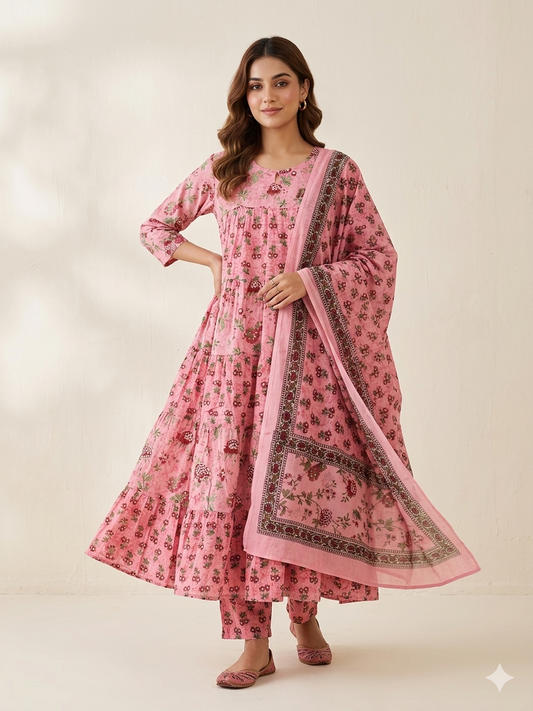 PINK PRINTED COTTON ANARKALI SUIT