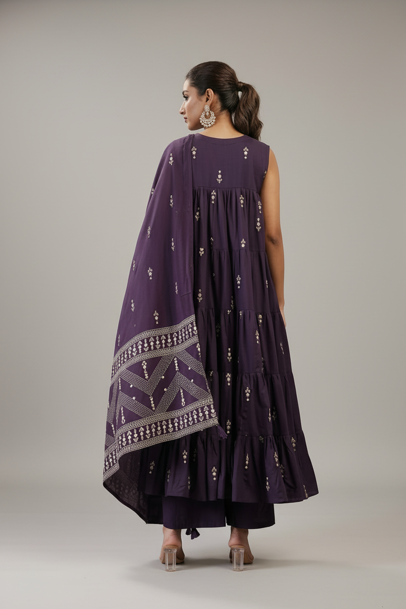 PURPLE PRINTED COTTON ANARKALI SUIT