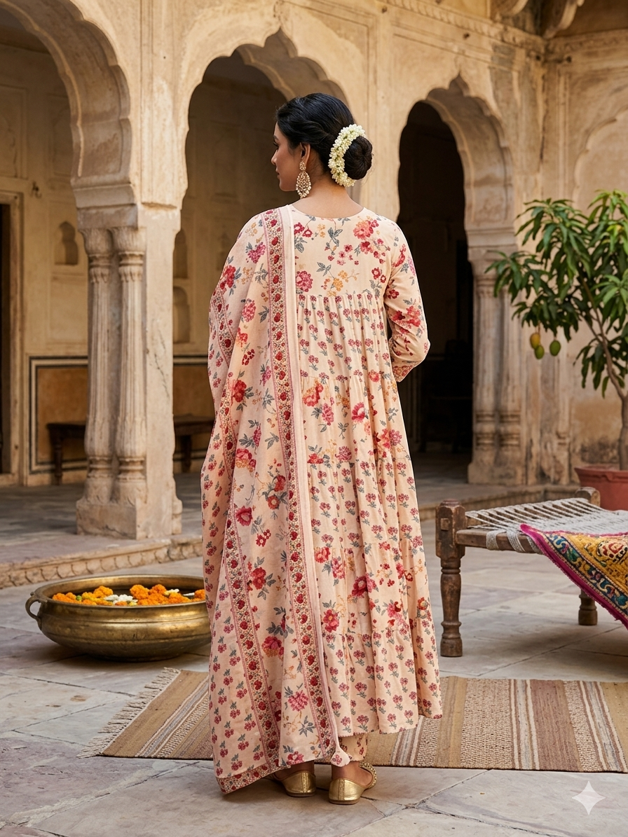 CREAM PRINTED COTTON ANARKALI SUIT