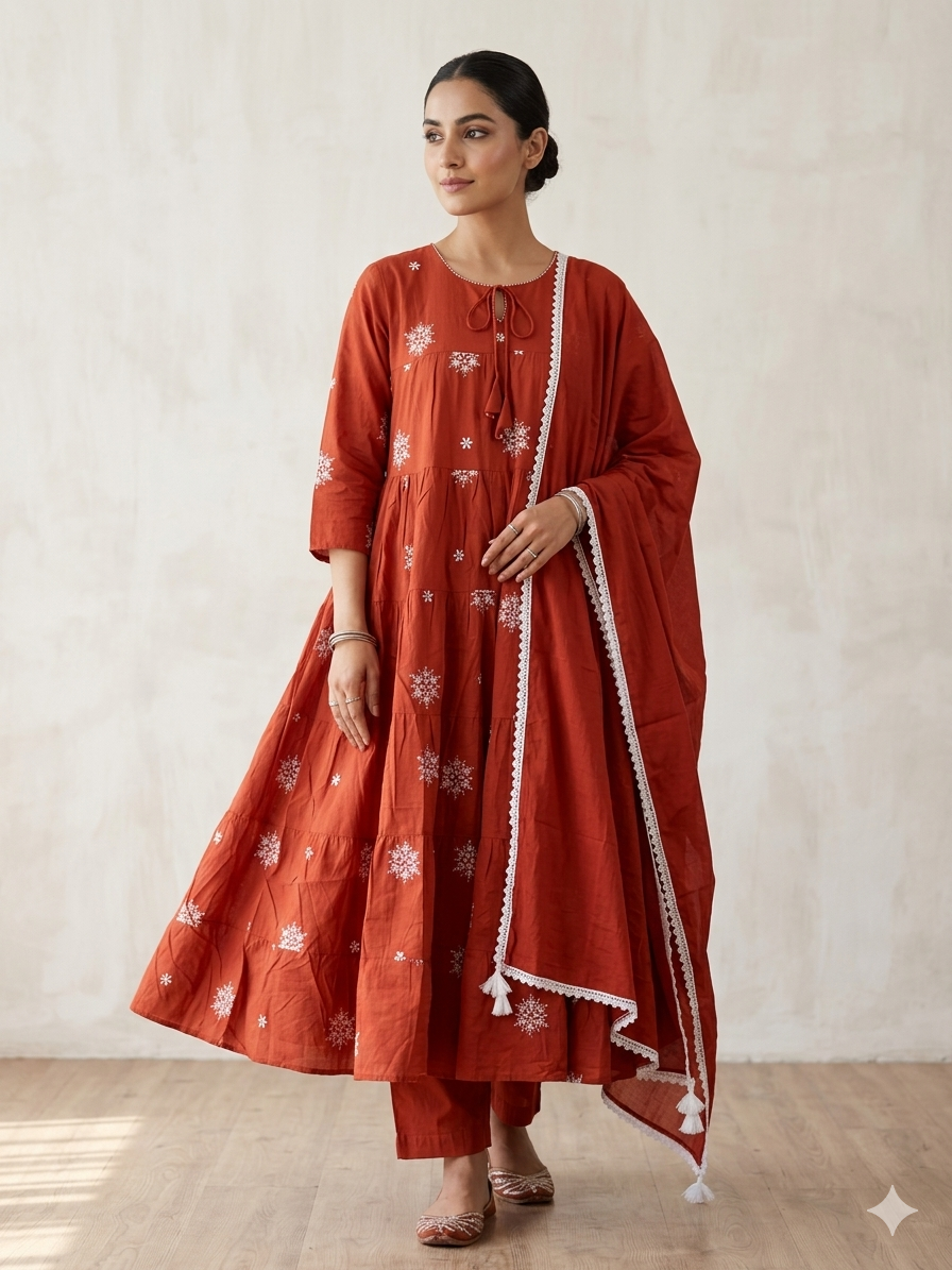 RUST PRINTED COTTON ANARKALI SUIT