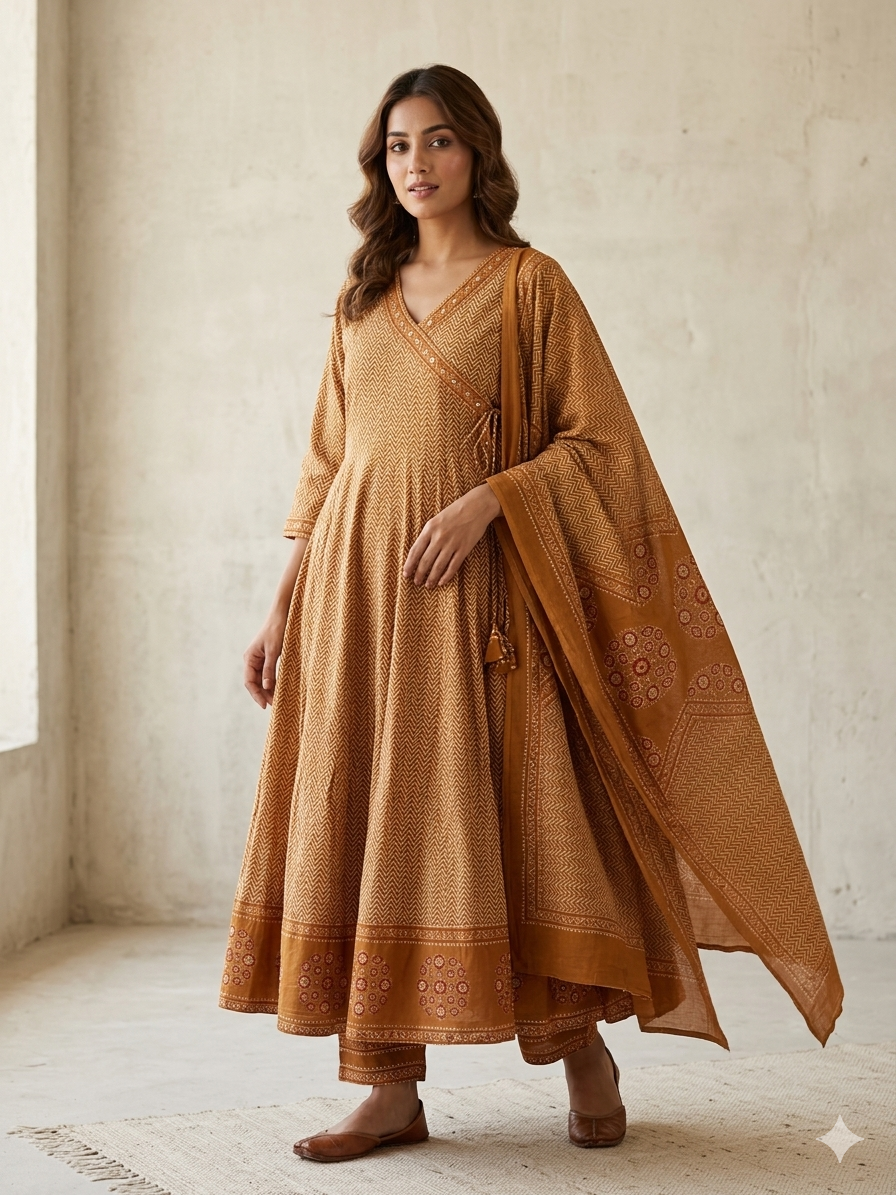 MUSTARD YELLOW PRINTED COTTON  ANARKALI SUIT